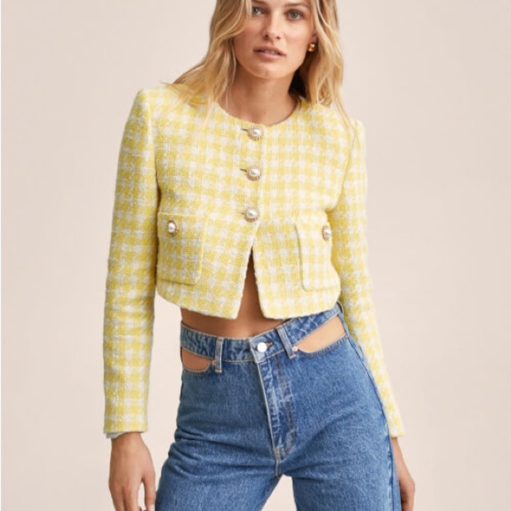 Mango Yellow and White Blazer Structured Gingham
